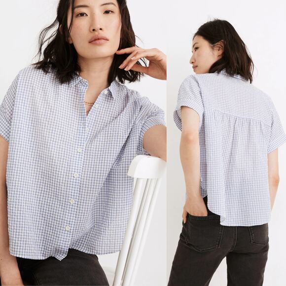 Madewell Hilltop Gingham Print Button Front Short Sleeve Shirt Blue XS - Picture 1 of 8